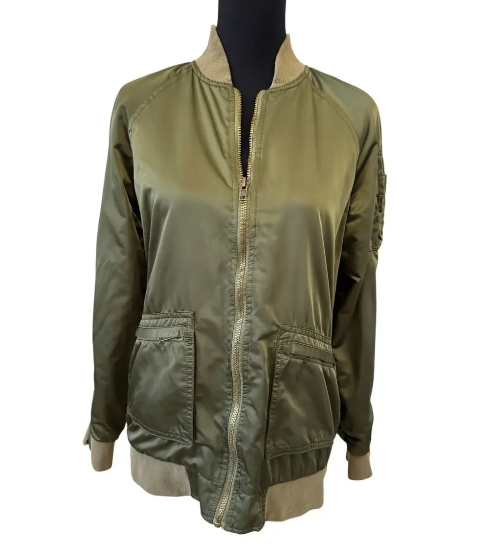 FREE PEOPLE Green Solid Satin Pockets Retro Midnight BOMBER Jacket Size Small